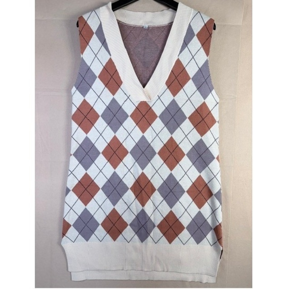 Women's Argyle Sweater Vest Dress V Neck Cream Brown Gray Preppy